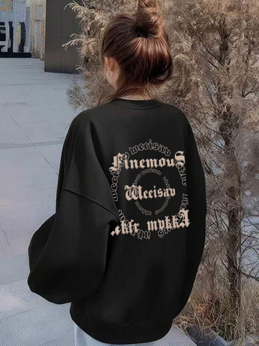 Dark Style Symmetrical Floral English Circular Print Black Crew Neck Sweatshirt, Lazy Slimming Casual Top - Black - View 1