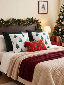 1pc/2pcs Christmas Tree Throw Pillow Covers, Winter Embroidered Christmas Tree Decorative Pillow Cases, Soft Plush Faux Fur Cushion Cover For Xmas Couch Sofa Home Decor - White - View 5