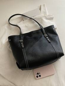 Minimalist Large Capacity Tote Bag For Women, Versatile Shoulder Bag For Commuting, Shopping, Work, Simple Style Soft Surface Tote - Black - View 6