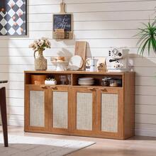 55 Inch Farmhouse Rattan Buffet Sideboard Cabinet With 4 Gold Tone Handles Adjustable Inner Shelves And Open Storage Shelf Dining Room Kitchen Living Room Hallway - Tea Brown - View 10