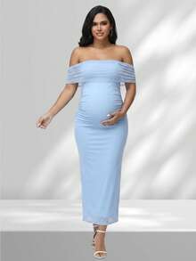 JustVH Elegant Maternity Tulle Off-Shoulder Pleated Sleeveless Summer Dress, Suitable For Baby Shower Party Photos Fall - Blue - View 3