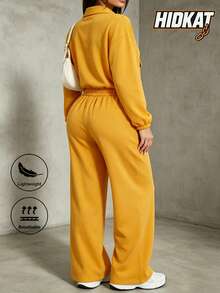 Women's Autumn Solid Color Sporty Casual 2 Pieces Set Top And Straight Leg Pants For Daily Wear, Running, Home, White - Yellow - View 3
