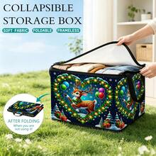1PC Foldable Christmas Storage Box, Deep Blue Night Sky Background With Jumping Reindeer, Heart Light Garland, Colorful Balloons, Gift Boxes, Christmas Tree And Snowflake Print, Fabric Storage Box With Zipper Handle, Soft Holiday Decoration Organizer, Suitable For Home Wardrobe And Bedroom - Multi-color - View 3