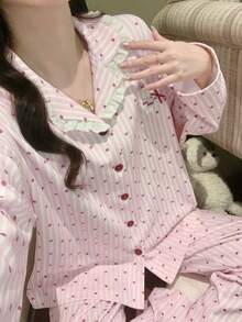 2pcs Women's Pajama Set, Open Front Lapel Polka Dot Print Lace Patchwork Long Sleeve Pants, Comfortable For Home Wear - Pink - View 7