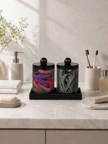 Set Stoples Penyimpanan Kapas Pembersih Kamar Mandi Warna Hitam dengan Baki Silikon, Wadah Penyimpanan Modern untuk Benang Gigi, Tusuk Gigi, Spons Rias, dan Aksesoris Kecantikan, Organizer Meja Kamar Mandi dan Meja Rias untuk Kebutuhan Sehari-hari - beraneka warna - View 3