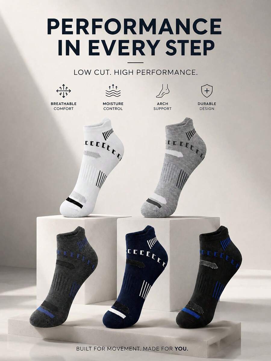 5 Pairs Random Style Men's Geometric Striped Short Socks, Printed ...