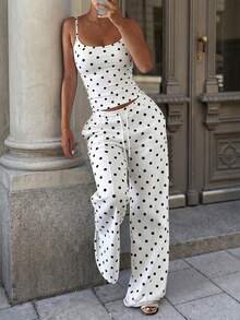 Women's Polka Dot Minimalist Camisole Tank Top And Drawstring Waist Loose Sweatpants Set - White Background With Black Polka Dots - View 5