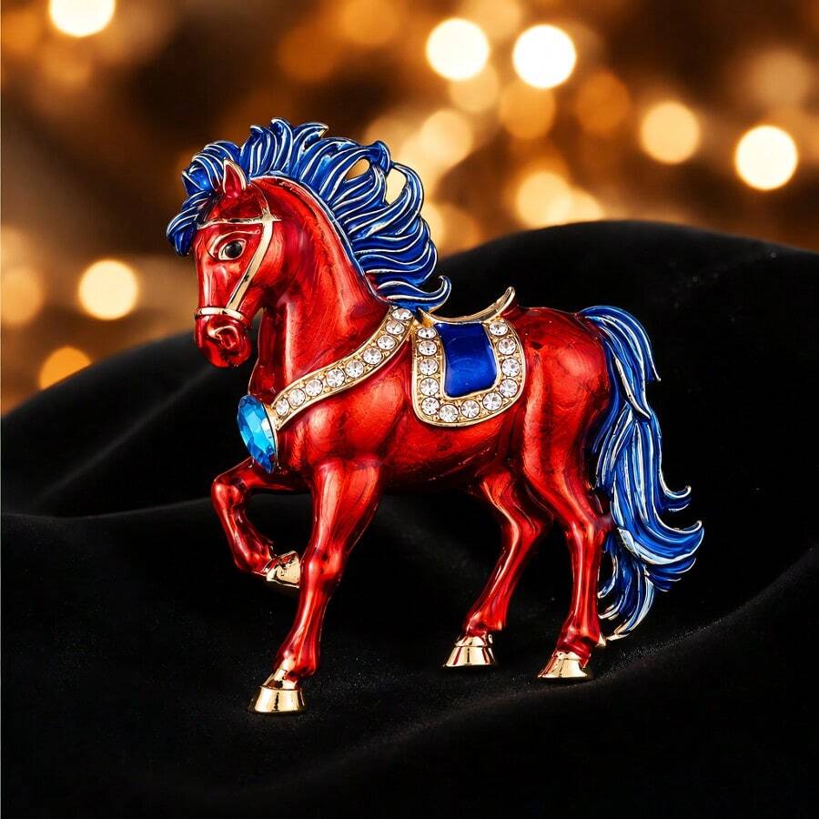 Luxury Crystal Rhinestone Horse Brooch Pin, Retro Gold‑Tone Enamel Animal Statement Brooch, Ornament Accessory For Party Daily Clothing Decoration - Red - View 1