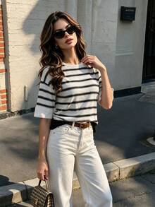 Roviva Women's Autumn Casual Commute Round Neck Loose Pullover Striped Short Sleeve Knit Top, Suitable For Party, Gathering, Holiday, Birthday Party - Multicolor - View 5