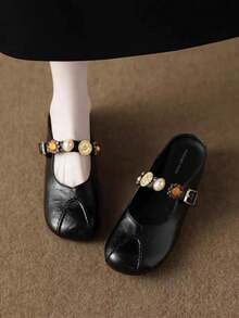 French Style Exquisite Silver Mary Jane High Heel Shoes, Vintage Square Toe Lace-Up Closed Toe Chunky Heel Sandals - Black - View 2