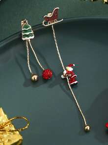 Christmas Earrings Creative Versatile Fashion Popular, Climbing Tree Design, Santa Claus Theme Asymmetrical Holiday Outfit Perfect Gift - Santa Climbing Tree - View 5