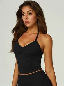 UONNOU 3pcs Women's Sports Shaping Tank Tops, Halter Neck Ruched Design, Removable Pads, Off Shoulder & Open Back, Fitness Workout - Multicolor - View 7