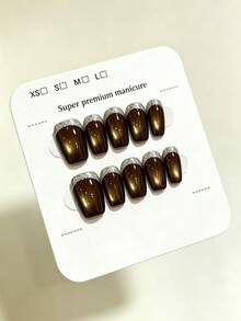 10pcs Pure Handmade Short Square Press On Nails, Vintage Elegant Style, Brown Cat‑Eye Effect & Silver Glitter French Tip Patterns For Women And Girls, Spring Summer Fall Winter Festivals Party And Daily Life Use - Brown - View 2