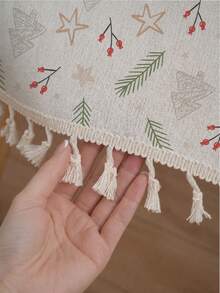 MEMNUN 1PC Christmas Minimalist Branch Berry Christmas Tree Star Print Pattern Tablecloth, Tassel Edge Design, Minimalist Small Tree Dining Tablecloth, Square Round Tablecloth, 140*220cm/140*180cm/140*140cm/90*140cm, Made Of Printed Polyester Blend Material, Christmas Decor Table Decor, Home Decor, Kitchen Decor, Table Cloth Rectangle, Table Cloth Square, Home Decor Suitable For Picnic, Camping, Party, Restaurant Buffet, Home Decoration, Dining Table Surface Decoration, Home DIY, Etc., Christmas Gift - Multicolor - View 7
