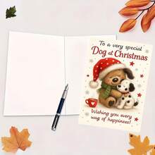 1/3 Sets Two Hugging Puppies Santa Hat Cute Pet Themed Christmas Greeting Card, Snowflake Accent Layout, Sweet Neutral Animal Lover Holiday Card - A - View 4