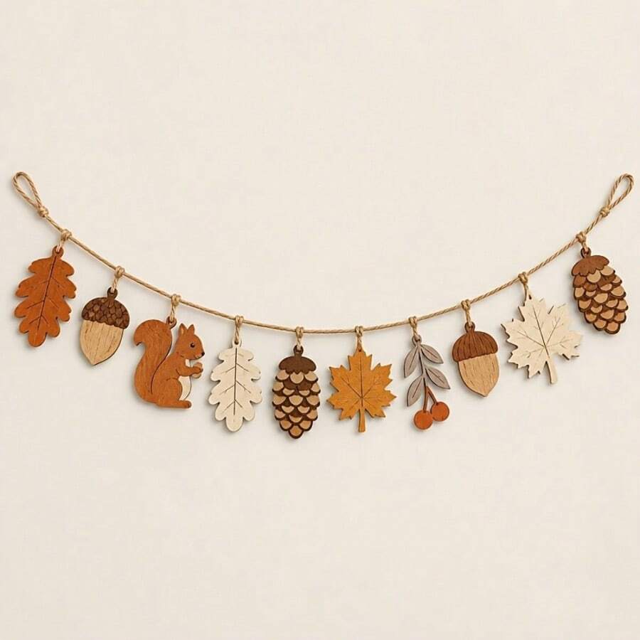 11pcs Thanksgiving Harvest Wooden Hanging Banners, Maple Leaf, Squirrel, Acorn And Pinecone Decor, Rustic Farmhouse Style - Multicolor - View 1