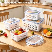 Juego de 4/3/1 piezas de contenedores de almacenamiento de alimentos azules con colador y tapa desmontables, organizador apilable para refrigerador, caja de almacenamiento y escurridor de frutas y verduras, adecuado para cocina y preparación de comidas - Ver 12