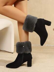 New Women's Versatile Fuzzy Side Zipper Chunky Heel High Heel Ankle Boots Autumn Winter Pointed Toe Fashion All-Match Style Faux Fur Home Wear - Black - View 6