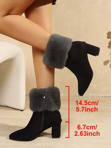 New Women's Versatile Fuzzy Side Zipper Chunky Heel High Heel Ankle Boots Autumn Winter Pointed Toe Fashion All-Match Style Faux Fur Home Wear - Black - View 4