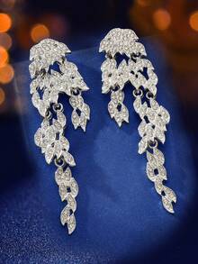 1pair Casual Glam Sparkling Leaf Drop Earrings For Women Cascading Design Weddings Formal Looks Trending Luxury Bridal Jewelry - Silver - View 2