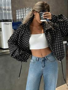 Blogger New Autumn Plus Size Women's Polka Dot Pattern Drawstring Loose Fit White Casual Everyday Wear - Black - View 1