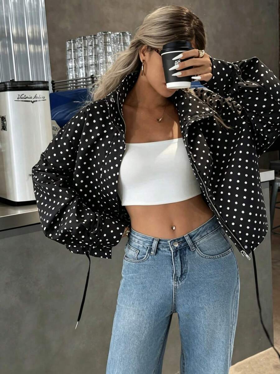Blogger New Autumn Plus Size Women's Polka Dot Pattern Drawstring Loose Fit White Casual Everyday Wear - Black - View 1