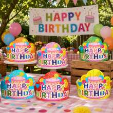 6 Colors Happy Birthday Crown Hat Macaron Paper Party Hat Dreamy Fairy Tale, Baby Shower, Rainbow Theme Party, Family Gathering, Holiday, Christmas Party Atmosphere Photo Booth Props Party Decoration Supplies - View 2