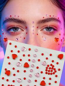 1pc Red Heart & Star Face Rhinestone Sticker, Self-Adhesive Face & Body Rhinestones, Red & Pink Heart Makeup Glitter, Suitable For EDM Festival, Halloween Cosplay, Party DIY Decoration - Multicolor - View 10