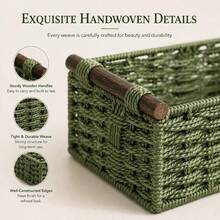 Mori Style Paper Rope Woven Storage Basket With Solid Wood Handle, Bathroom Toilet Countertop Toiletry Organizer Bin, Wabi-Sabi Natural Rustic Minimalist Desktop Decor Organizing Tray For Living Room, Kitchen, Bedroom, Office, Ideal Gift - Multicolor - View 10
