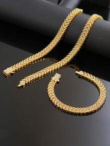 Hip Hop Full Rhinestone Arrow Cuban Chain Necklace & Bracelet Set Men's Fishbone Chain Cool Party Jewelry - Fishbone Cuban Link Chain - View 14