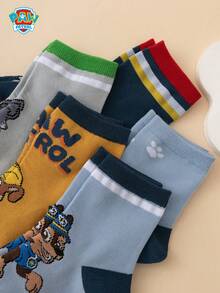 5 Pairs Paw Patrol Series Authentic Chase Rubble Striped Letter Cartoon Kids Mid-Calf Socks - Multicolor - View 3