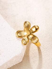 1pc Vintage Artistic Style Stainless Steel Gold Ring, 3D Flower Open Design, Suitable For Women's Daily, Holiday, Date, Engagement, Wedding, Saudi National Day, Halloween - Gold - View 7