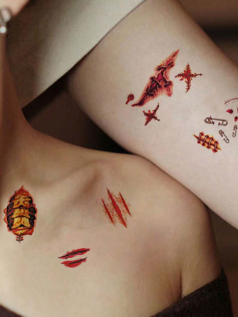 30Sheet Halloween Fake Wound Tattoo Stickers, Realistic, Scar, Stitch Temporary Tattoos For Cosplay Zombie Party Decor - Multicolor - View 1