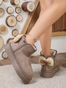 Women's Short Thick Sole Snow Boots, Furry Bow Back, Thermal Lined Warm Height-Increasing Boots - Khaki - View 2