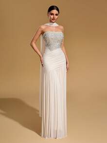 Elegant Mermaid Ball Gown, Women's Strapless Backless Cocktail Dress, Decorated With Sequins And Pearls, Ruched Design - Apricot - View 9
