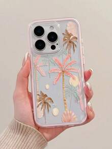 1pc Pink Frame Transparent Minimalist Lens Protection Anti-Drop Anti-Collision Colorful Sun & Coconut Tree Pattern Phone Case, Personalized Compatible With IPhone 16 Pro Max/18/17/16/15/14/13/12/11/Air And Series - Multicolor - View 6