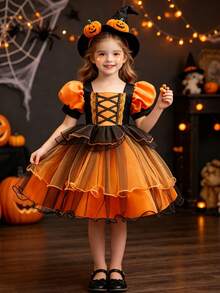 Young Girl Princess Tutu Dress, Halloween, Birthday Party, Holiday Gathering, Runway Show, Performance Evening Gown - Orange - View 2