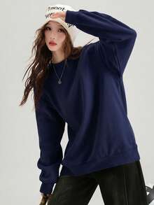 JUTU Autumn/Winter Women's Loose Crew Neck Long Sleeve Knit Sweatshirt With Side Stripes And Color Block, Sporty Casual Style For Campus, Daily Wear, Commuting And Travel - Royal Blue and Yellow - View 4