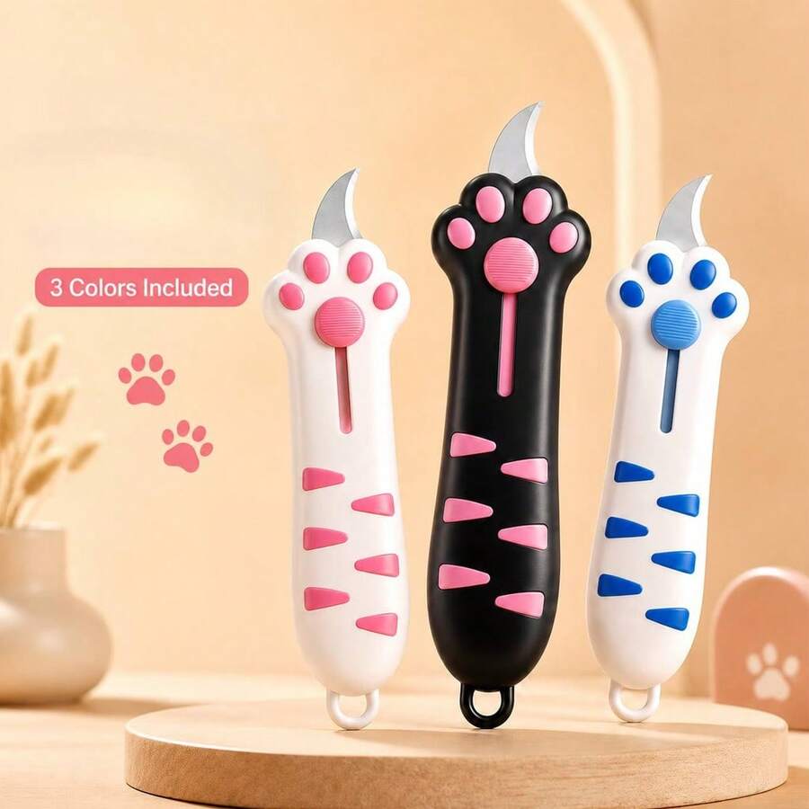 Mini Portable Cat Paw Utility Knife - Alloy Steel Blade With Cute Cat Paw Design, Retractable Style, Suitable For Crafts, Office, Unboxing Packages And Scrapbooking, Available In Black, Pink And Blue Colors. - Model B - View 1
