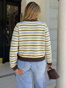 Cardigan Rajut Bergaris Blok Warna Retro Musim Gugur/Dingin untuk Wanita, Cardigan Bergaris Kuning dan Biru untuk Perjalanan Sehari-hari, Atasan Rajut Warna Melange, Pakaian Halloween - MultiWarna - View 7