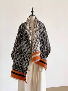 1pc Elegant Geometric Pattern Jacquard Faux Cashmere Warm Scarf, Cold-Proof Neck Warmer, Women's Autumn/Winter Fashion Versatile Air Conditioning Shawl Blanket, Suitable For Daily Matching And Decorative Use - Multicolor - View 1