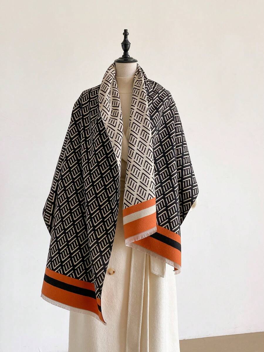 1pc Elegant Geometric Pattern Jacquard Faux Cashmere Warm Scarf, Cold-Proof Neck Warmer, Women's Autumn/Winter Fashion Versatile Air Conditioning Shawl Blanket, Suitable For Daily Matching And Decorative Use - Multicolor - View 1