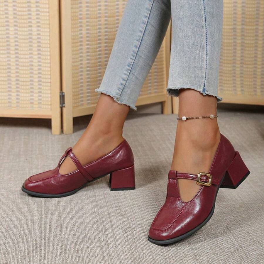 Women's Chunky Heel Mary Jane Pumps 2026 New Autumn Fashion Elegant French Style Loafers - Burgundy - View 1