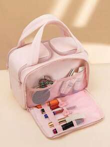 Women's Makeup Bag, Handheld Style, Quilted Nylon, Multi-Zipper, Large Capacity, Portable, For Travel And Home Use (Gift Bag Not Included) - Pink - View 8