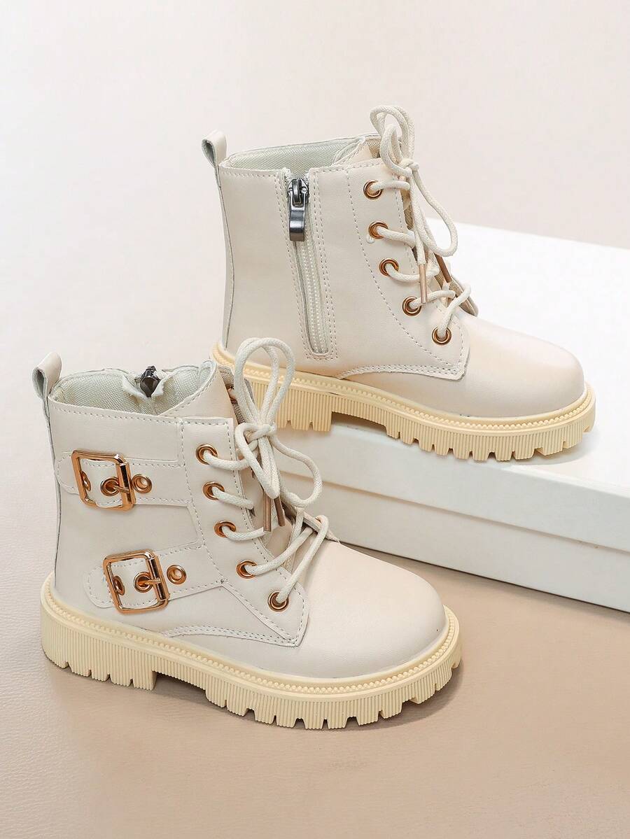Double Buckle Decor Kids Ankle Boots Autumn Thick Sole Comfortable Toddler Lace-Up Side Zipper Work Boots - White - View 1