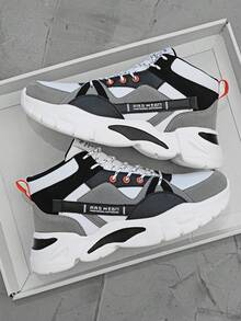 Men's Colorblock Patchwork Letter Pattern High Platform High-Top Sneakers, Outdoor Daily Front Lace-Up All-Season Casual Running Shoes For Commuting - White Ash - View 5