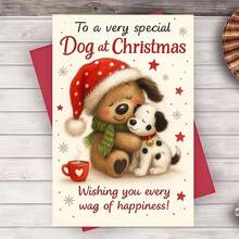 1/3 Sets Two Hugging Puppies Santa Hat Cute Pet Themed Christmas Greeting Card, Snowflake Accent Layout, Sweet Neutral Animal Lover Holiday Card - A - View 1
