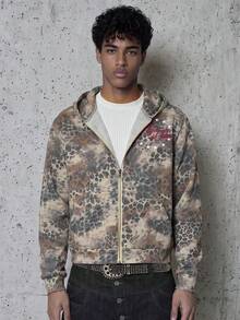 Men's Vintage Washed Leopard Print Zip Up Hoodie, Star Letter Embroidery Loose Casual Street Jacket - Multicolor - View 1