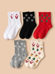 5 Pairs Autumn/Winter Christmas Atmosphere Mid-Calf Socks, Santa Claus Snowflake Bell Jacquard Pattern, Elastic Girls' Holiday Socks - Multicolor - View 4