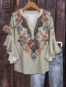 Plus Size Elegant Women's Notch Collar Floral Print Blouse, Long Ruffle Sleeve Woven Top, Loose Fit Casual Wear For Spring & Autumn - Khaki - View 6